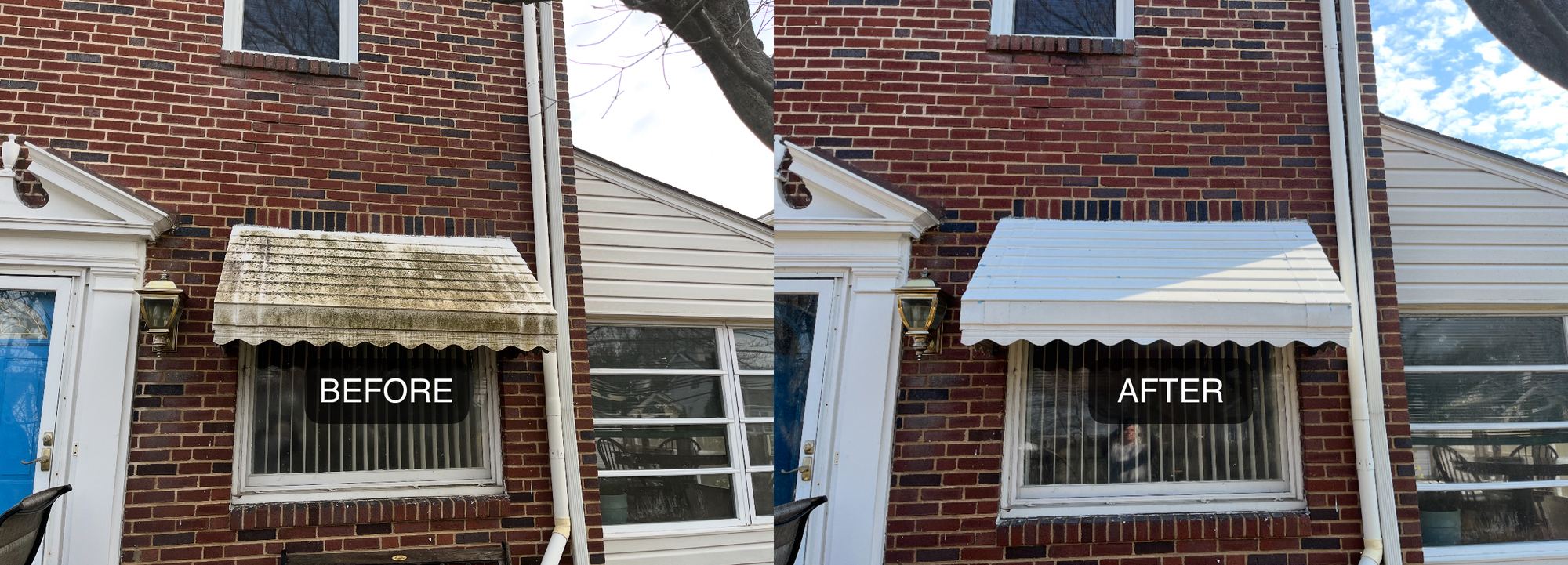 Before and after: A metal window awning taken from green and weathered back to clean white, plus the brick and trim around it.