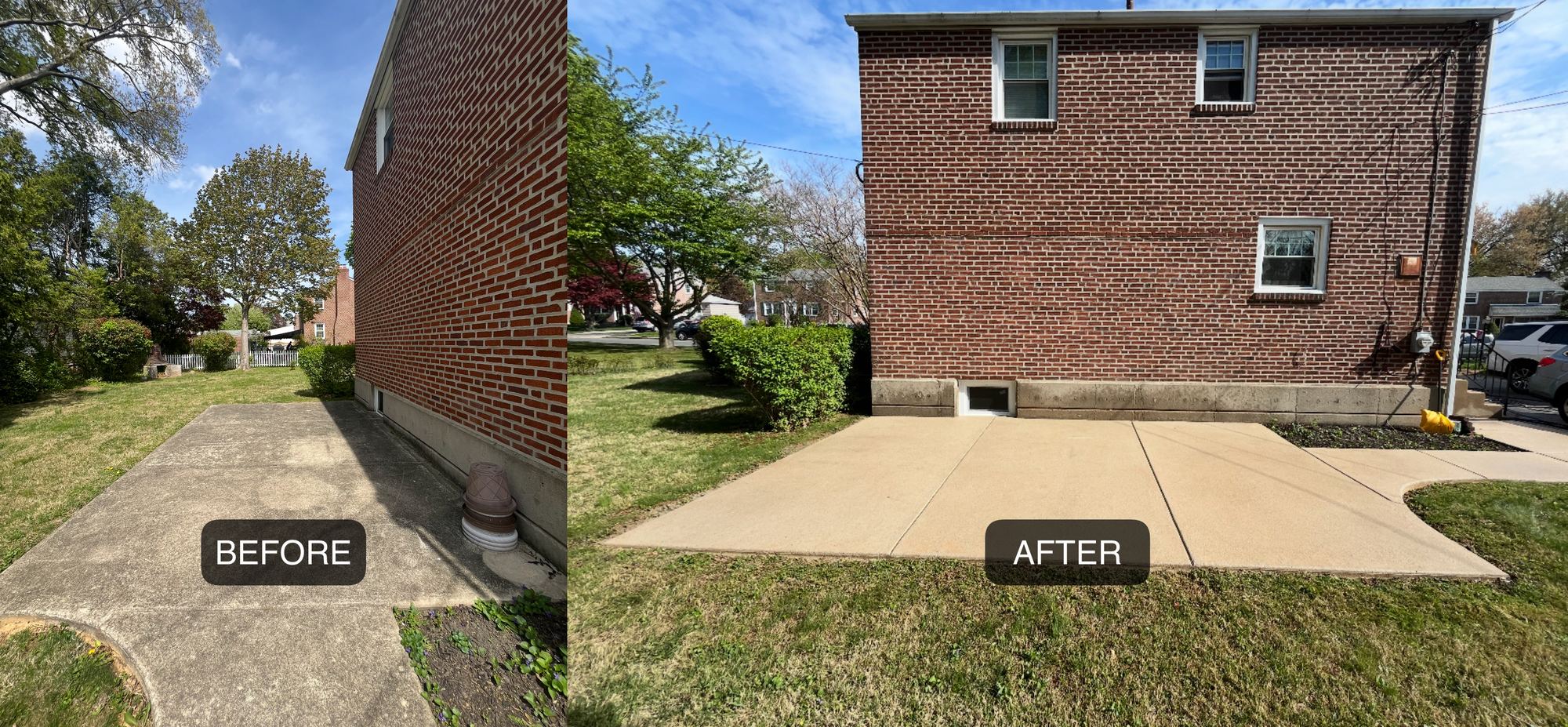 Before and after: a Delaware County concrete patio and brick home cleaned by Revive Pressure Washing