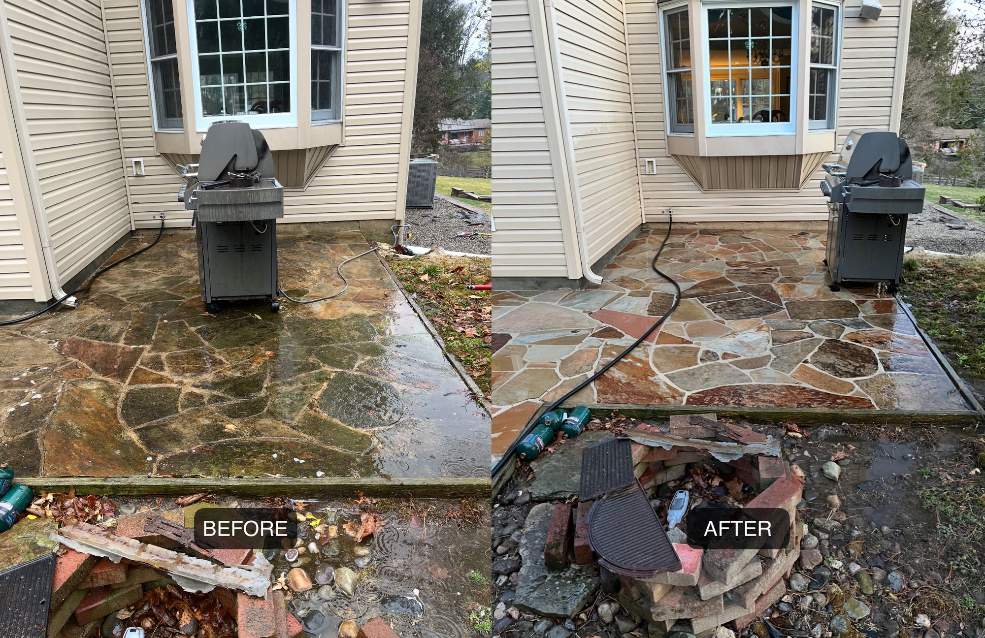Before and after: moss and algae removed from a flagstone patio