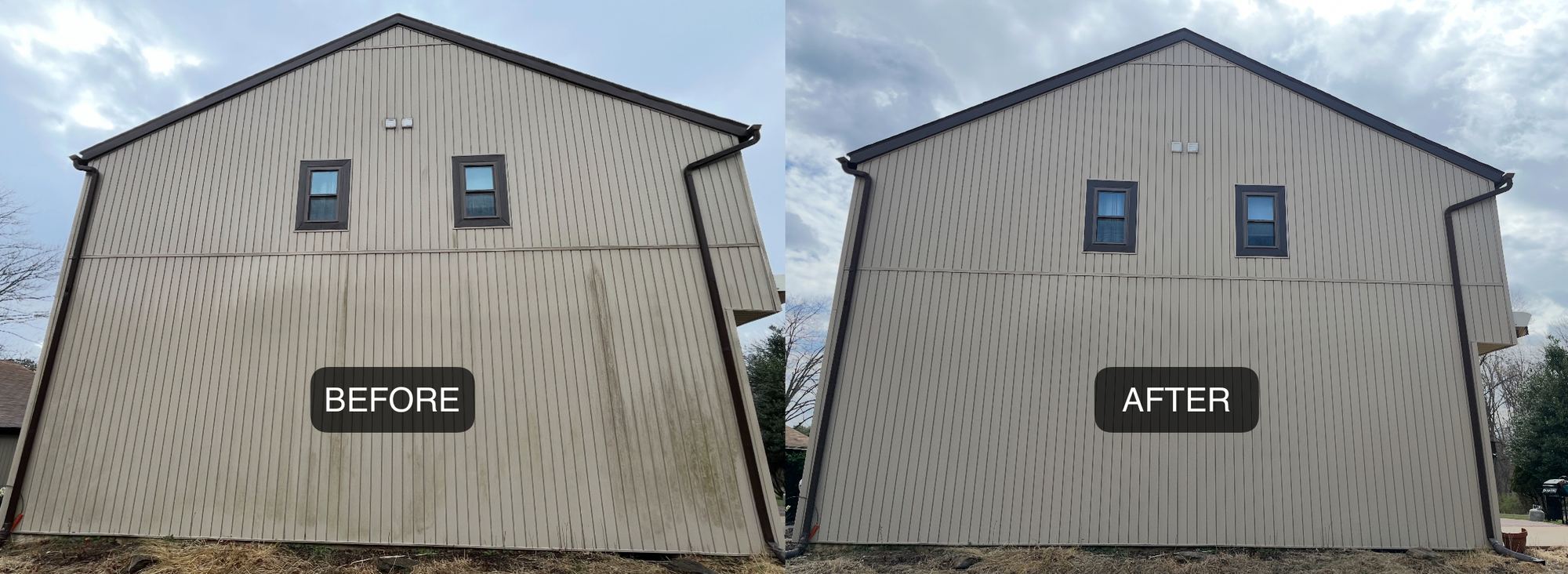 Before and after: a full gable-end vinyl siding house wash